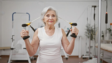 A senior woman lifting weights at a gym, providing strength and exercise options for mature individuals