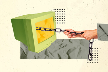 Creative trend artwork design 3D collage sketch of computer monitor technology online internet...