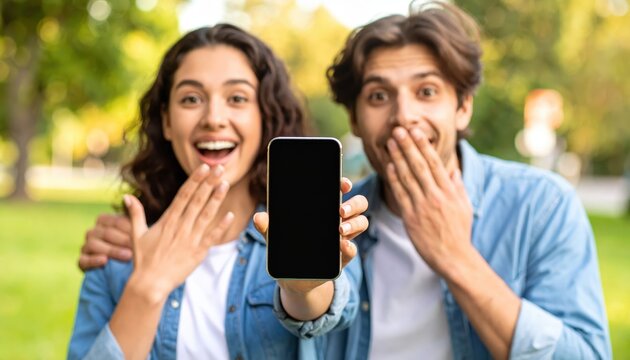 Excited young couple holding a smartphone in a sunny park, showcasing happiness and surprise with engaging expressions - Powered by Adobe