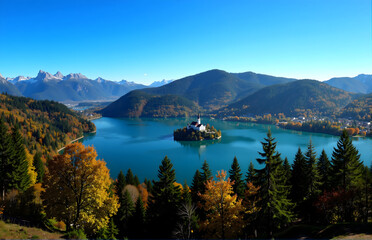 Church on the Lake Amidst Mountains and Waters