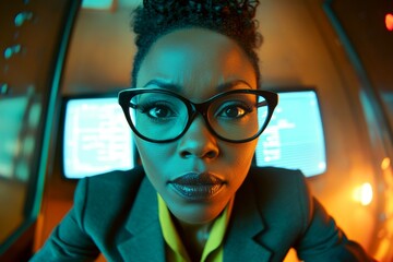 Analytics reflections in her glasses. Background is a dark room with data centers. A very focused midlife woman with tt hair wearing in a formal attire looks at the screen. Woman analyzing dat.