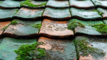 A close-up view of weathered terracotta roof tiles, adorned with vibrant green moss that adds a touch of nature's charm, blending history and nature beautifully.
