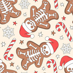 Whimsical Spooky Skeleton Gingerbread Men in Santa Hat, Candy Canes, and Snowflakes Halloween Christmas fusion vector Seamless Pattern. Great for unique holiday textiles, spooky wrapping paper