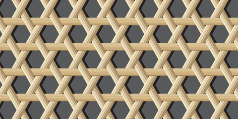 Hexagonal rattan weave pattern with dark gray background. Perfect for furniture design, textures, natural decor, and traditional or tropical-themed projects.