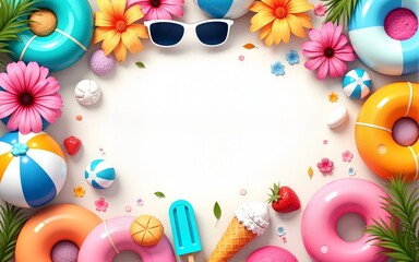 Vibrant summer illustration filled with beach balls, sunglasses, ice cream, popsicles, float rings, and flowers, perfect for travel promos and holiday banners. High quality