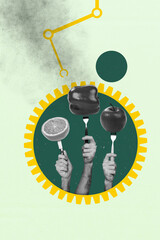 Collage trend of person in big gear wheel fork knife hold fruits over green color background
