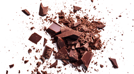A pile of chocolate pieces scattered on a white background