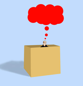 Illustration of a person inside a box with a red thought bubble symbolizing creativity and imagination