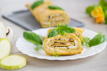 Healthy vegetable roll with cheese and mushrooms