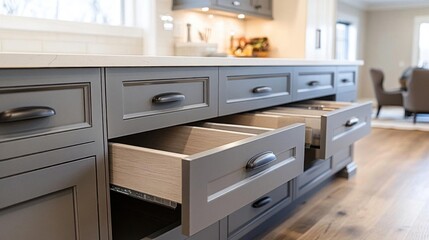 Wooden drawers with opened empty drawers in the kitchen. Interior design.
