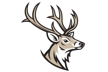 Antlered stag head depicts a sleek, symmetrical, monochrome portrayal