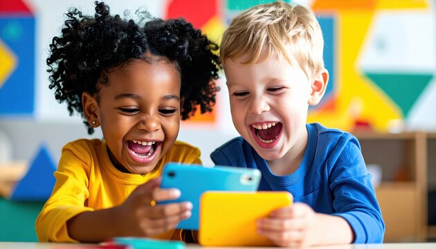 Two joyful children sharing a fun moment while playing games on their smartphones in a colorful classroom setting - Powered by Adobe