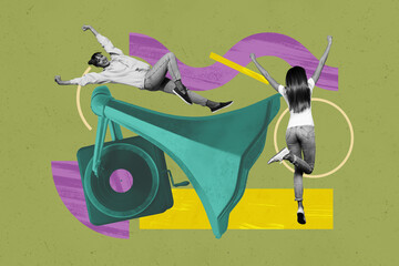 Full 3d zine pop trend collage of happy girl guy dance meloman occasion gramophone celebration event retro vinyl disk playlist