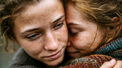 Close up of two young women embracing, one with freckles, sharing a warm, comforting hug. Emotional connection and warmth.