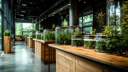 A vibrant greenhouse interior showcasing a variety of fresh botanicals in transparent containers, promoting a connection to nature and an appreciation for greenery and sustainability.