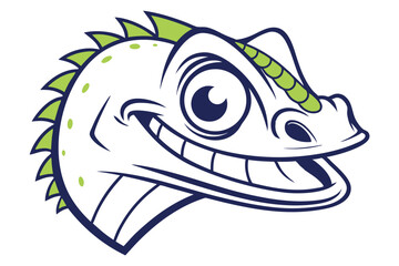 Cartoon reptile with a wide smile shows jagged teeth on a white background