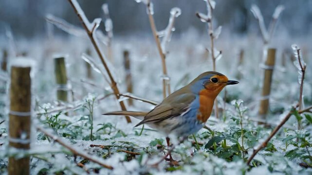 Beautiful winter robin perched on frosty grass in a serene landscape