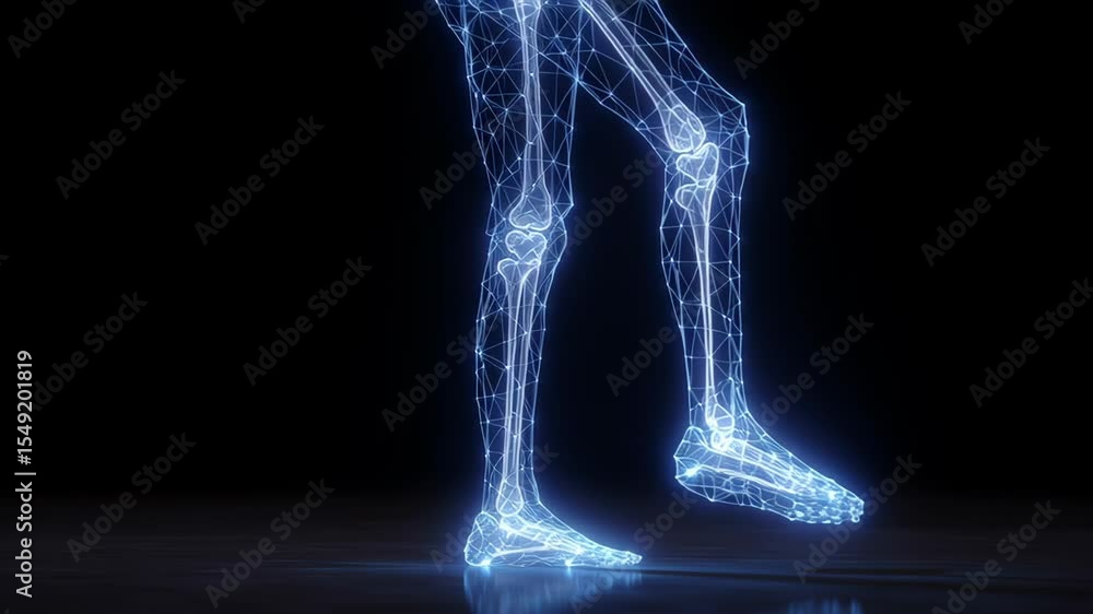 Aufkleber polygonal human leg moving forward, revealing glowing skeletal structure with highlighted joints aga