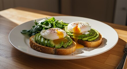Sun-drenched Avocado Toast with Perfectly Poached Eggs and a Side of Spinach, a Delightful and Healthy Breakfast.