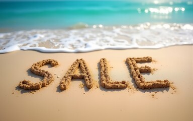 Sand on the beach spells out sale, promoting summer discounts and holiday offers in a bright, sunny environment. High quality