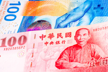 100 Swiss frank and 100 New Taiwan dollar banknotes. International trade concept
