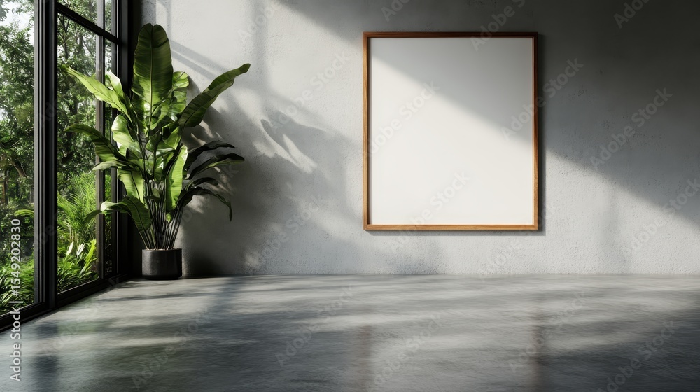 Poster an empty art gallery filled with natural light, featuring a solitary plant beside a blank frame, cre