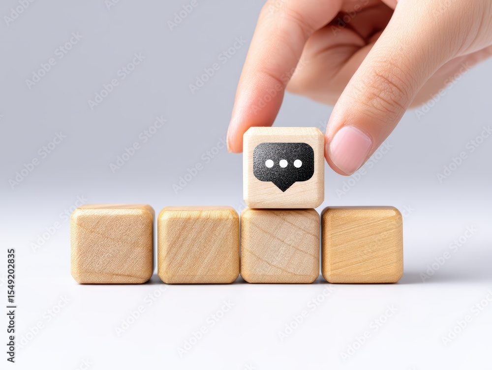 Poster visual representation of communication, a block with speech bubble symbolizing idea sharing and expr