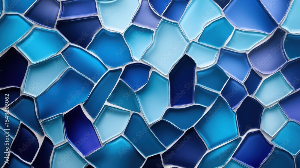 Poster this artwork features a captivating mosaic composed of glass pieces in various shades of blue, creat