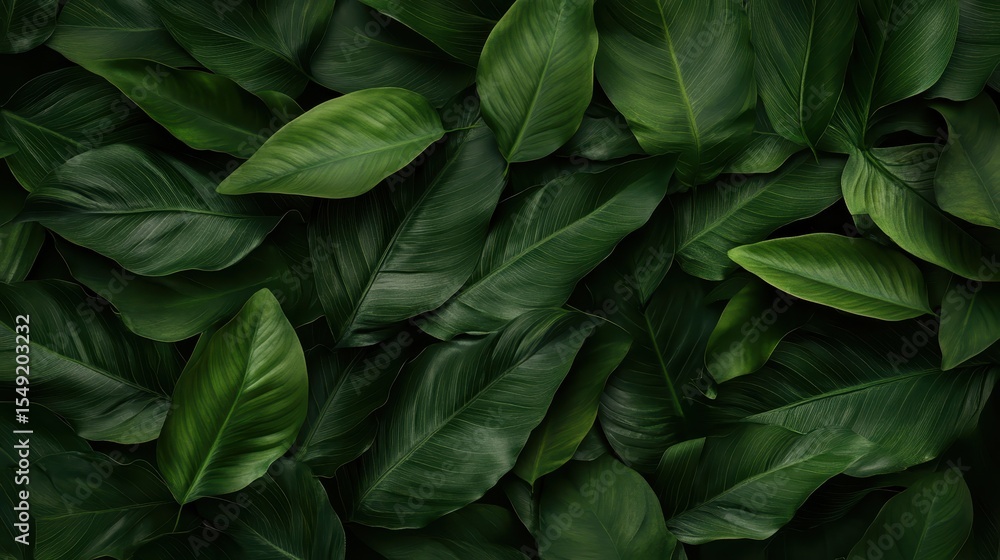 Poster an overhead view of a lush arrangement of green leaves, displaying the intricate patterns and textur