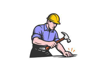 Construction Worker Hitting Thumb with Hammer Cartoon Illustration