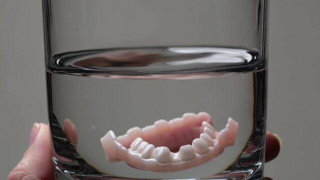 Ceramic dental prosthesis soaking in clear glass, cleaning false teeth with water, highlighting senior oral healthcare routine and maintenance