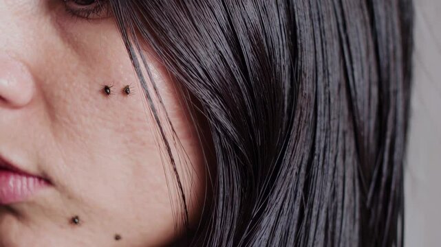 Detailed examination shows lice and nits nestled within dark strands of hair, indicating a concerning infestation on the scalp of an individual.