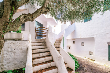Whitewashed Architecture With Winding Staircase and Olive Tree in Binibeca Vell. Menorcan Coastal Village, Traditional Design, Mediterranean Sunlight