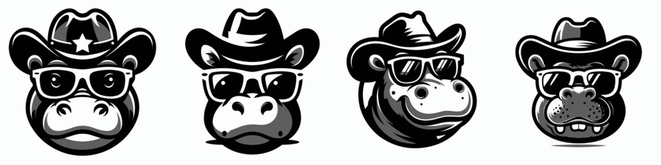 Fototapeta premium Pygmy hippo. Cowboy Western American Cartoon Animal Clipart Line Art Vector Illustration. Uncommon dwarf water horse a small creature of African habitat and jungle fauna.