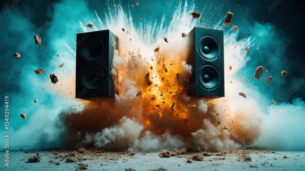 Poster this image captures the raw power of sound through an explosive visual effect, showcasing speakers i