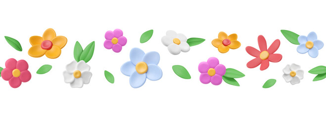 Border with 3d summer flowers and leaves. Seamless pattern with plants and bloom garden elements. Background with meadow, colorful nature clay objects, abstract frame design. Vector illustration