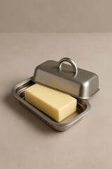 A butter dish holding a rectangular butter. The butter is yellow and the dish is silver