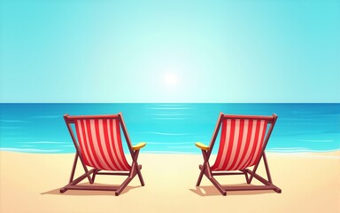 Peaceful summer beach illustration with red striped chairs facing a calm blue ocean and bright sky, perfect for travel ads and vacation promo banners. High quality