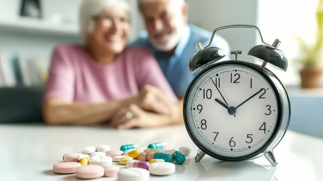 Alarm clock and pills on the table, happy blurred old couple on background. Time to take medicine, health care, treatment of senior people concept