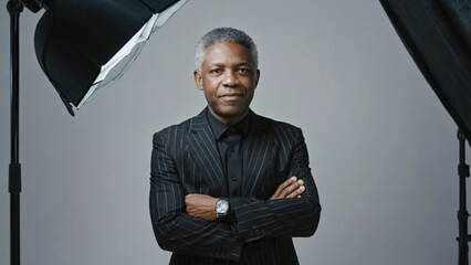 A person dressed in formal attire stands in front of a camera, ready for an interview or photo shoot