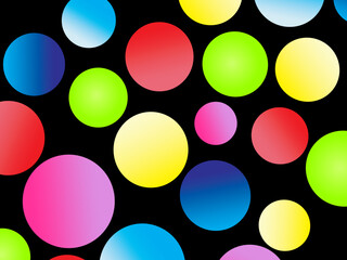 The black background is full of bright colorful circles in various sizes and color gradients, creating a dynamic abstract pattern.