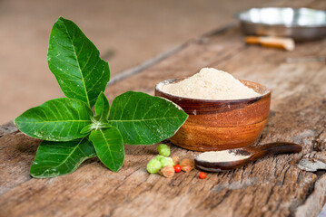 Withania somnifera (Ashwagandha) dried root Powder, green leaves Medicinal Herb. Ashwagandha on wooden background