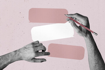 Creative pop poster sketch art collage of hands hold pencil bubble communication speech notice...