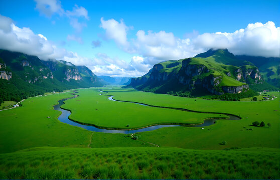 Natural Scenery of Grassland and River