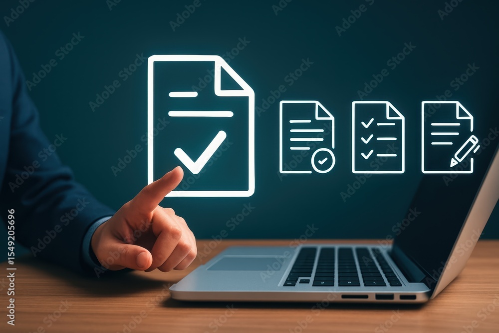 Aufkleber a hand points to a glowing document icon with checkmarks on a laptop.