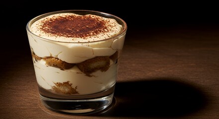 Indulge in the Decadent Delight of a Perfectly Crafted Tiramisu, Served in a Chic Glass on a Rich Wooden Tabletop.