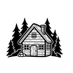 Wooden cabin in pine forest with rustic aesthetic, cozy rural retreat – Vector Illustration