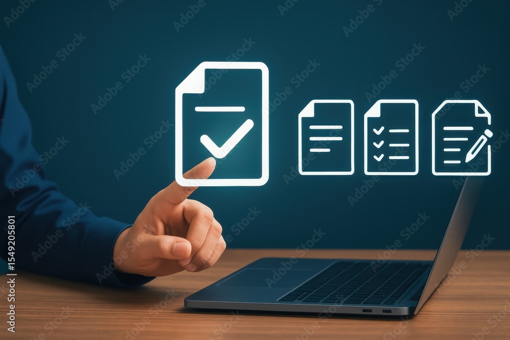 Poster a person interacts with digital documents on a computer.
