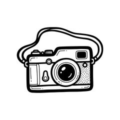 Retro hand-drawn camera with strap for photography and travel themes – Vector Illustration
