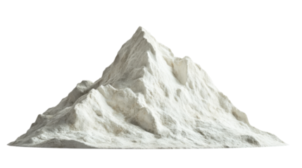 Majestic mountain peak with rocky texture and snow caps isolated on white background
